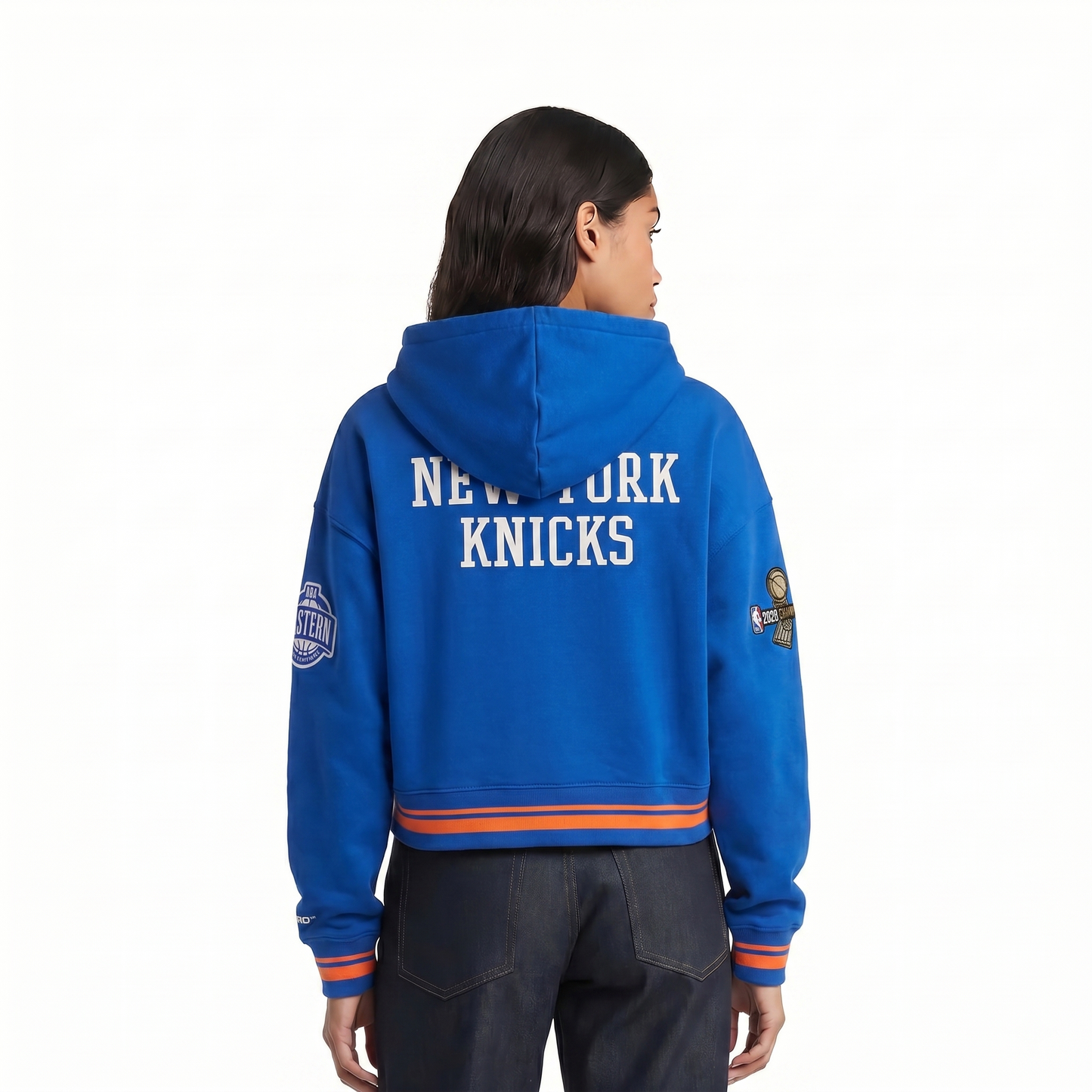 NBA NEW YORK KNICKS  WOMEN'S CROPPED PULLOVER HOODIE (ROYAL/ORANGE/ROYAL)