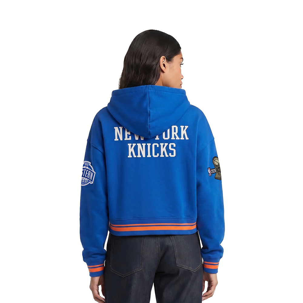 NEW YORK KINCKS 2026 NBA CHAMPIONSHIP WOMEN'S CROPPED PULLOVER HOODIE (ROYAL/ORANGE/ROYAL)