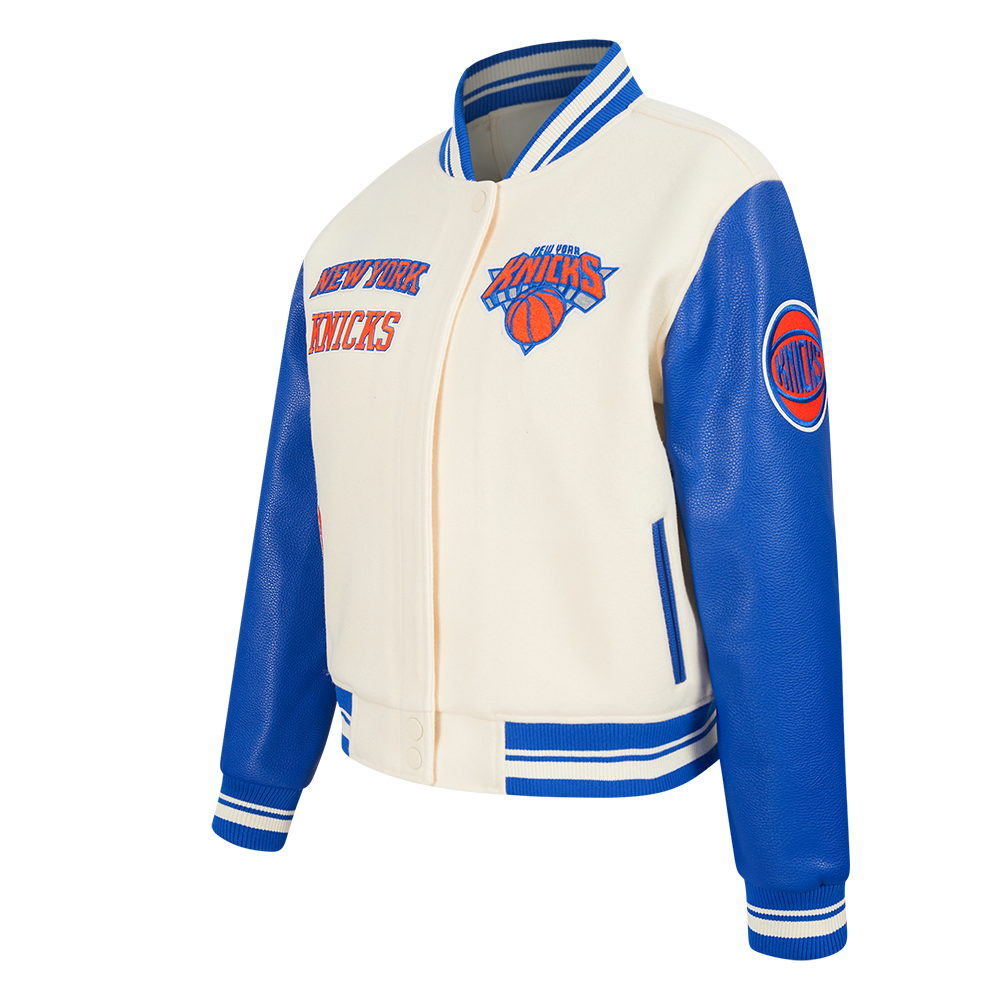NBA NEW YORK KNICKS RETRO CLASSIC WOMEN'S RIB WOOL VARSITY JACKET (EGGSHELL/ROYAL BLUE)
