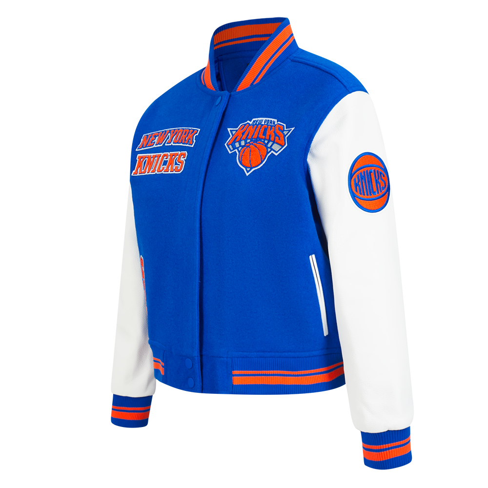 NBA NEW YORK KNICKS RETRO CLASSIC WOMEN'S RIB WOOL VARSITY JACKET (ROYAL/ORANGE/ROYAL)