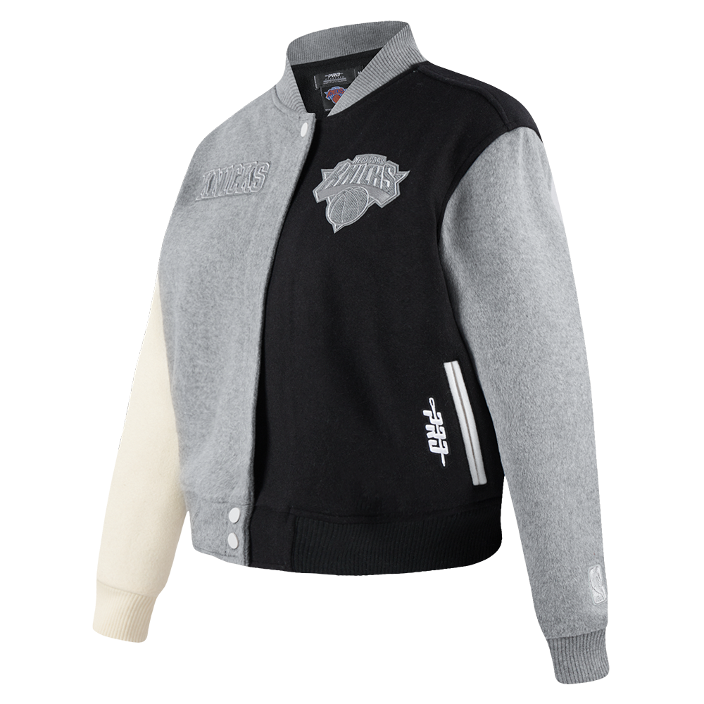 NBA NEW YORK KNICKS REVERSE FRENCH TERRY WOMEN'S WOOL VARSITY JACKET (BLACK/GRAY/EGGSHELL)