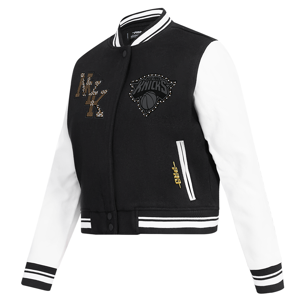 NBA NEW YORK KNICKS RENEGADE WOMEN'S RIB CROPPED WOOL VARSITY JACKET (BLACK/WHITE)