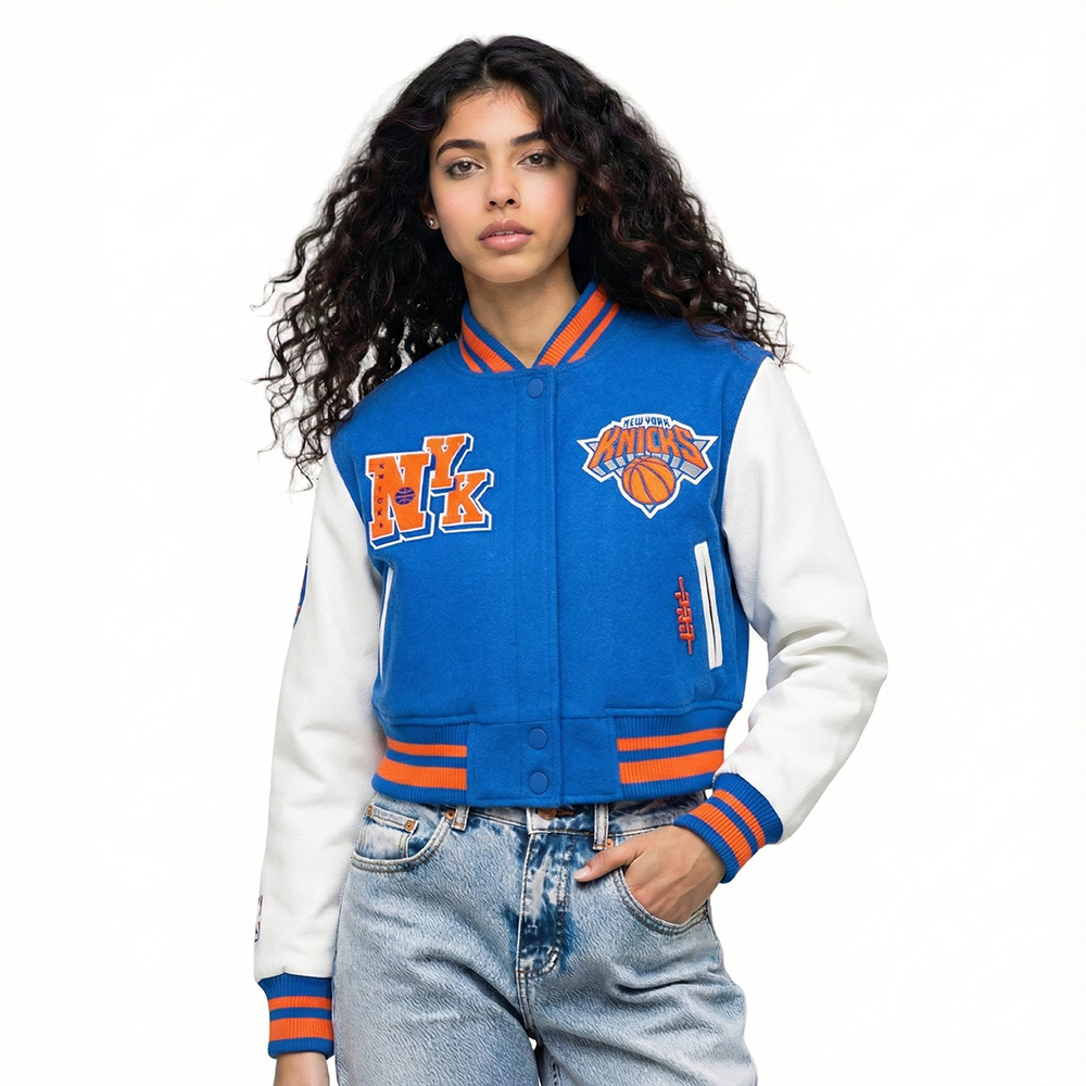 NBA NEW YORK KNICKS BEST OF WOMEN'S CROPPED RIB WOOL VARSITY JACKET (ROYAL/ORANGE/ROYAL)