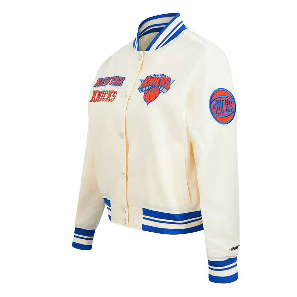 NBA NEW YORK KNICKS RETRO CLASSIC WOMEN'S RIB SATIN JACKET (EGGSHELL/ROYAL BLUE)