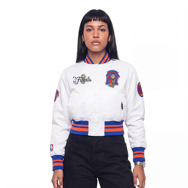 NBA NEW YORK KNICKS WOMEN'S SATIN JACKET (WHITE/ROYAL BLUE/ORANGE)