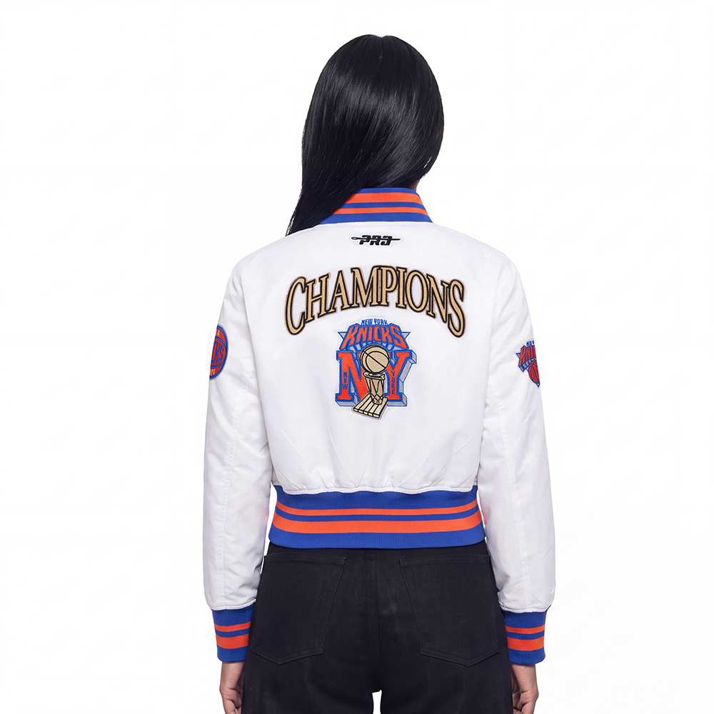 NBA NEW YORK KNICKS WOMEN'S SATIN JACKET (WHITE/ROYAL BLUE/ORANGE)