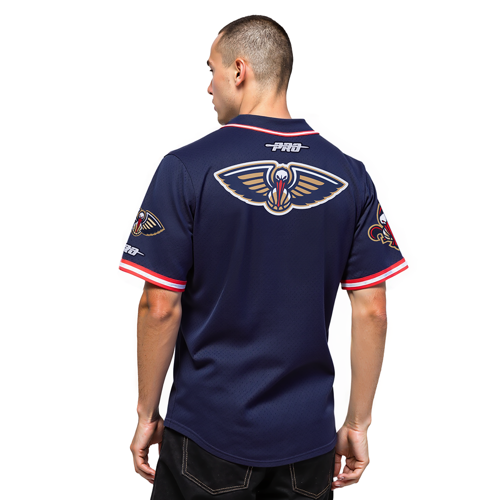 NBA NEW ORLEANS PELICANS ZION WILLIAMSON #1 CLASSIC MESH PNN MEN'S MESH BUTTON DOWN SHIRT (MIDNIGHT NAVY/RED)