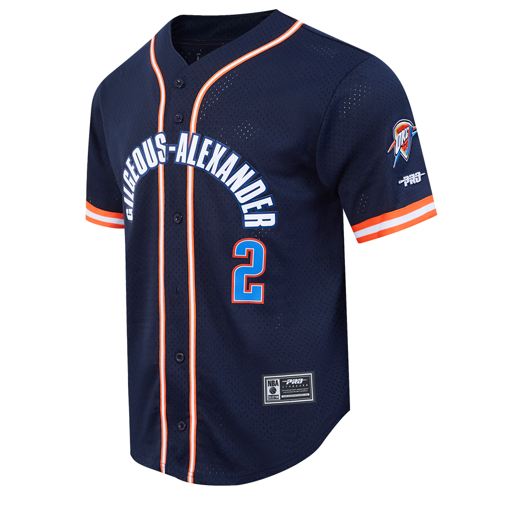 NBA OKLAHOMA CITY THUNDER SHAI GILGEOUS-ALEXANDER #2 CLASSIC MESH PNN MEN'S MESH BUTTON DOWN SHIRT (MIDNIGHT NAVY/ORANGE)