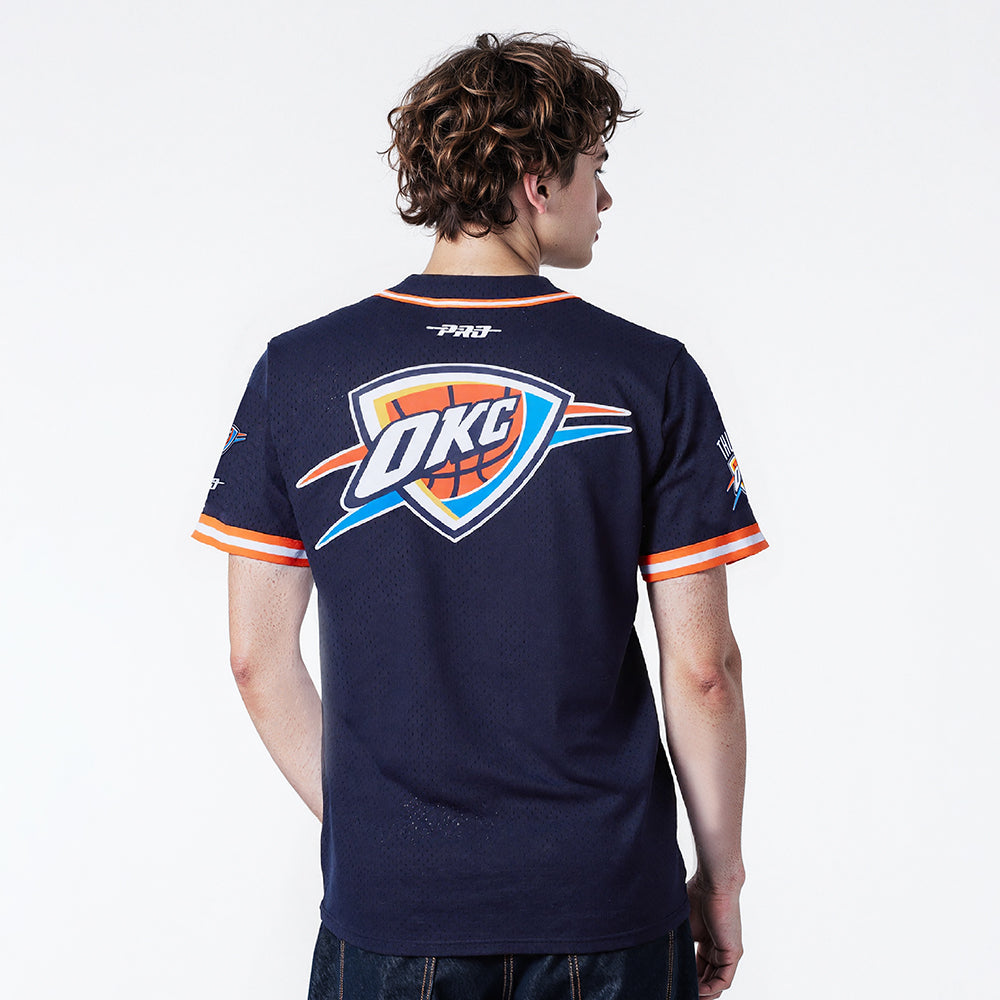 NBA OKLAHOMA CITY THUNDER SHAI GILGEOUS-ALEXANDER #2 CLASSIC MESH PNN MEN'S MESH BUTTON DOWN SHIRT (MIDNIGHT NAVY/ORANGE)