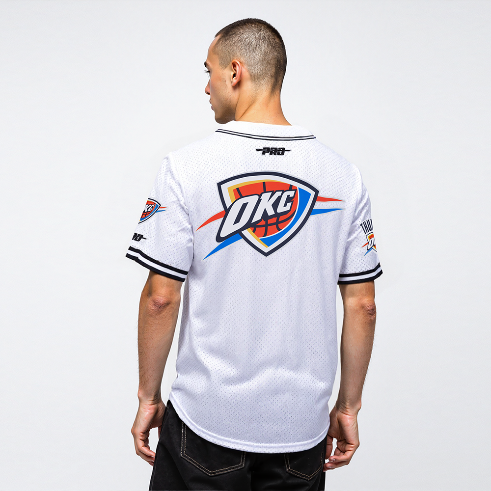 NBA OKLAHOMA CITY THUNDER SHAI GILGEOUS-ALEXANDER #2 CLASSIC MESH PNN MEN'S MESH BUTTON DOWN SHIRT (WHITE/BLACK/WHITE)