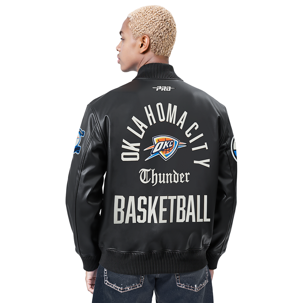 NBA OKLAHOMA CITY THUNDER MODERN ORIGINALS MEN'S LEATHER VARSITY JACKET (JET BLACK)