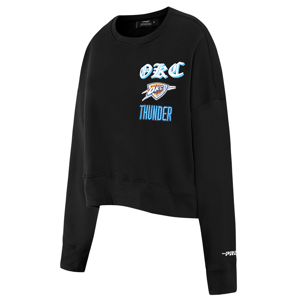 NBA OKLAHOMA CITY THUNDER OLD ENGLISH WOMEN'S FLC CREWNECK (BLACK)