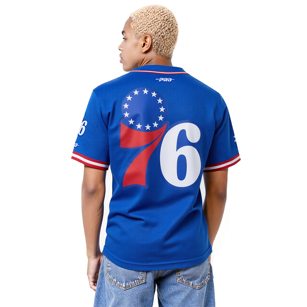 NBA PHILADELPHIA 76ERS JOEL EMBIID #21 CLASSIC MESH PNN MEN'S MESH BUTTON DOWN SHIRT (ROYAL BLUE/RED)