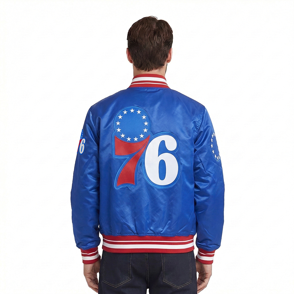 NBA PHILADELPHIA 76ers SCRIPT TAIL MEN'S SATIN JACKET (ROYAL BLUE/RED)