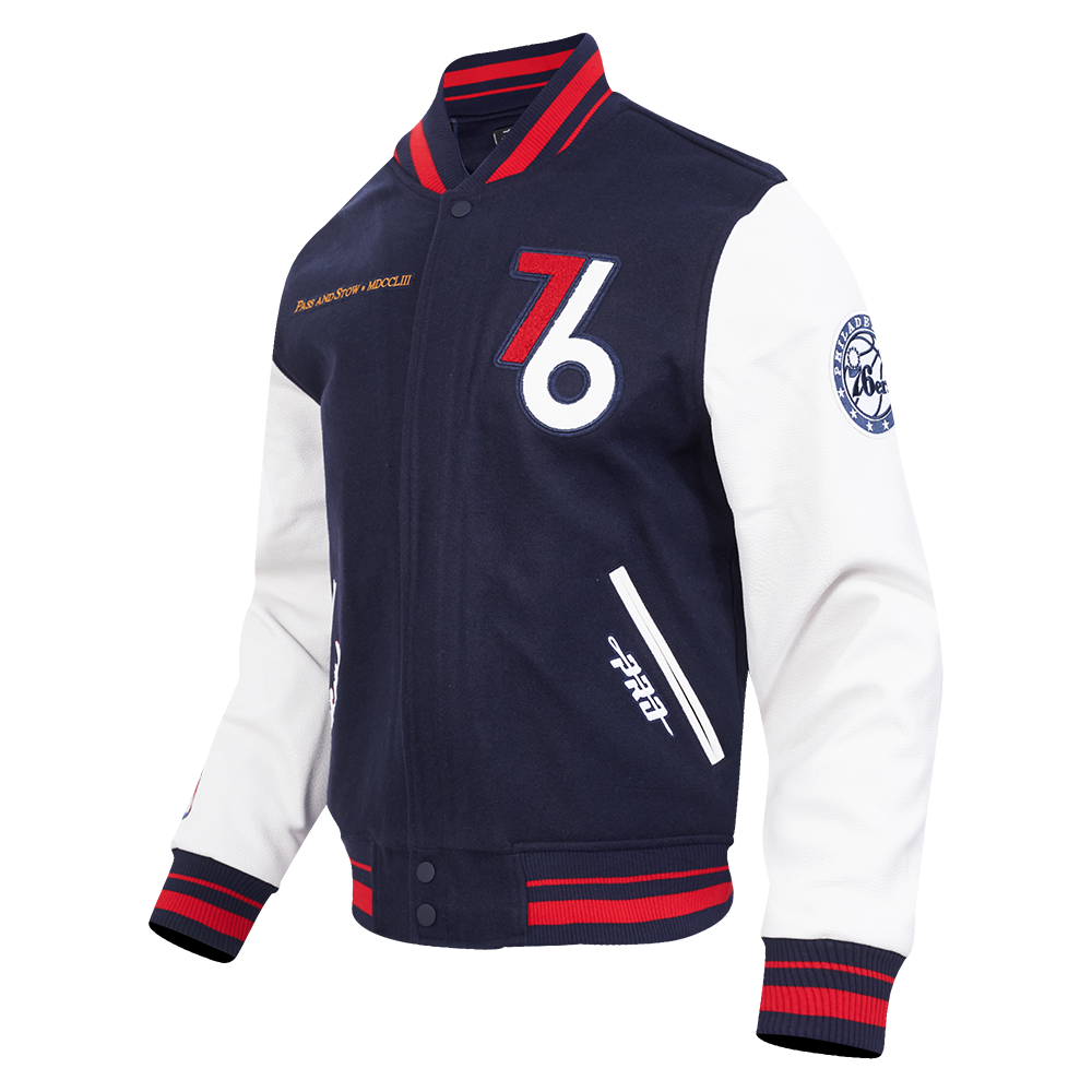 NBA PHILADELPHIA 76ERS CITY EDITION 25-26 MEN'S RIB WOOL VARSITY JACKET (MIDNIGHT NAVY/RED/MIDNIGHT NAVY)