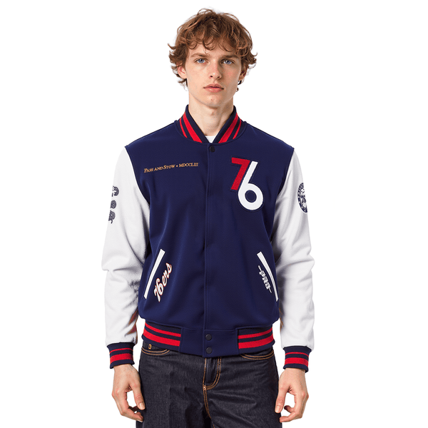 NBA PHILADELPHIA 76ERS CITY EDITION 25-26 MEN'S RIB WOOL VARSITY JACKET (MIDNIGHT NAVY/RED/MIDNIGHT NAVY)