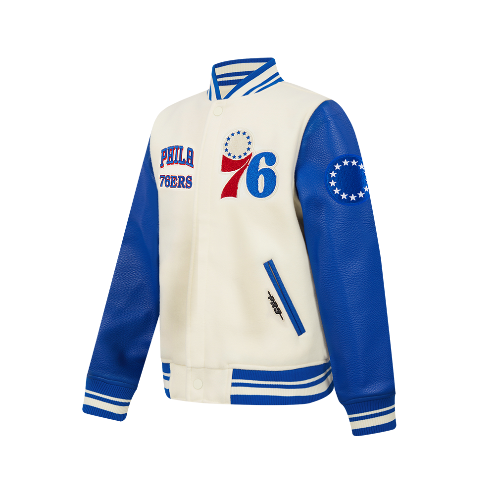 NBA PHILADELPHIA 76ERS RETRO CLASSIC BIG BOYS RIB WOOL VARSITY JACKET (EGGSHELL/ROYAL BLUE)