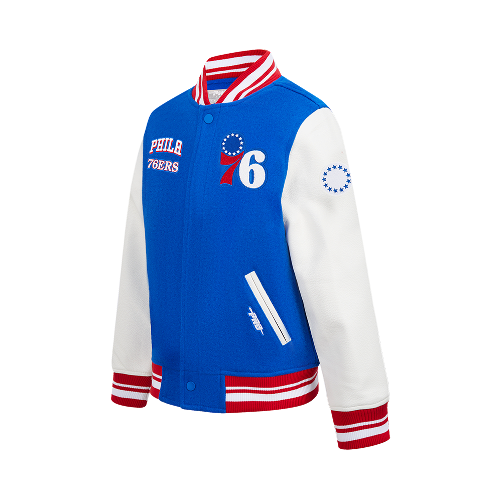 NBA PHILADELPHIA 76ERS RETRO CLASSIC BIG BOYS RIB WOOL VARSITY JACKET (ROYAL BLUE/RED)