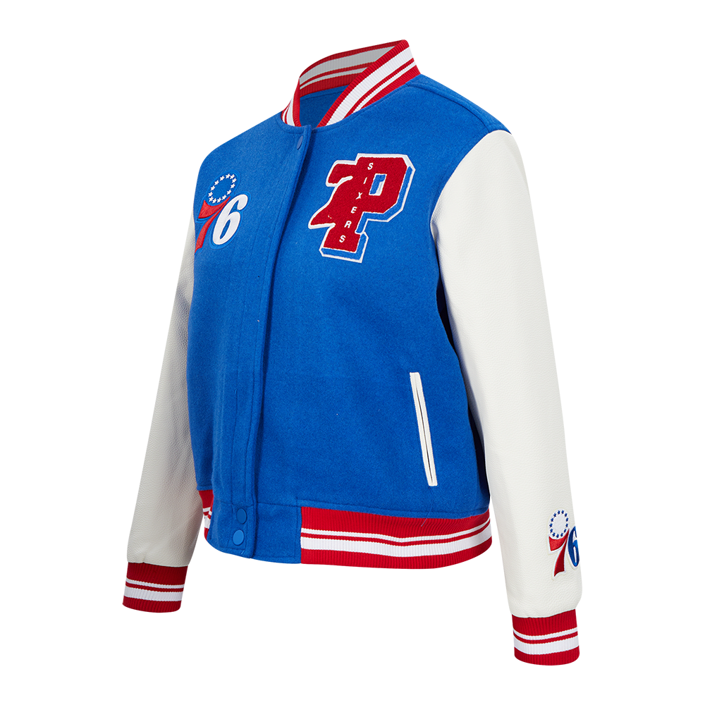 NBA PHILADELPHIA 76ERS MASHUP WOMEN'S RIB WOOL VARSITY JACKET (ROYAL BLUE/RED)