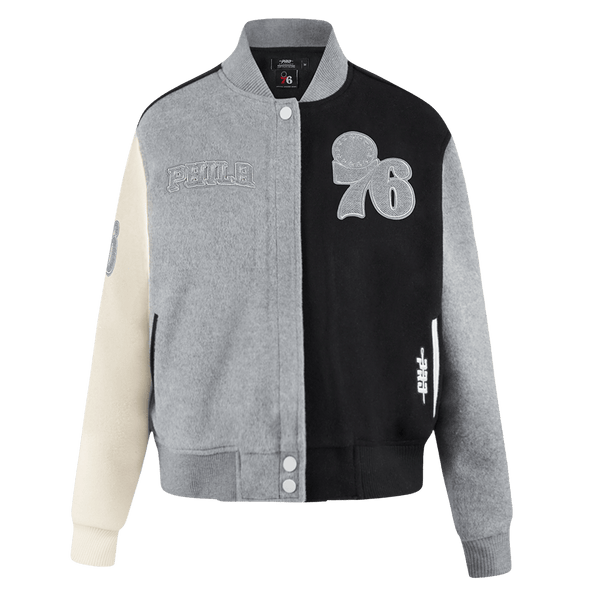 NBA PHILADELPHIA 76ERS REVERSE FRENCH TERRY WOMEN'S WOOL VARSITY JACKET (BLACK/GRAY/EGGSHELL)