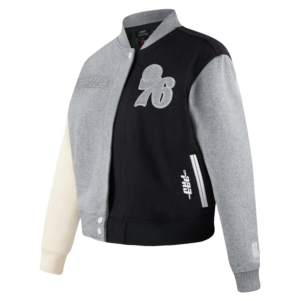 NBA PHILADELPHIA 76ERS REVERSE FRENCH TERRY WOMEN'S WOOL VARSITY JACKE (BLACK/GRAY/EGGSHELL)