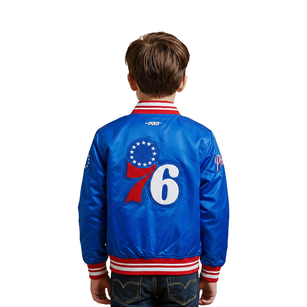 NBA PHILADELPHIA 76ERS RETRO CLASSIC LITTLE BOYS RIB SATIN JACKET (ROYAL BLUE/RED)