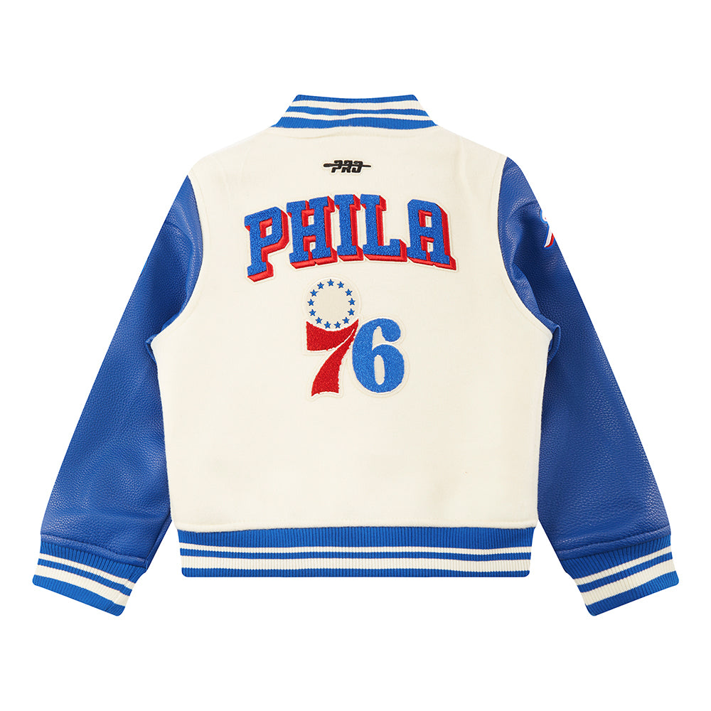 NBA PHILADELPHIA 76ERS RETRO CLASSIC LITTLE BOYS RIB WOOL VARSITY JACKET (EGGSHELL/ROYAL BLUE)