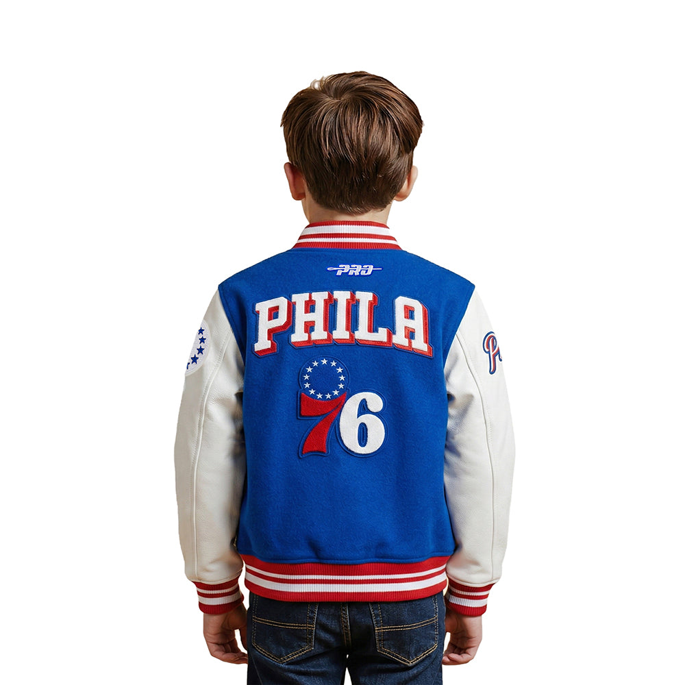 NBA PHILADELPHIA 76ERS RETRO CLASSIC LITTLE BOYS RIB WOOL VARSITY JACKET (ROYAL BLUE/RED)