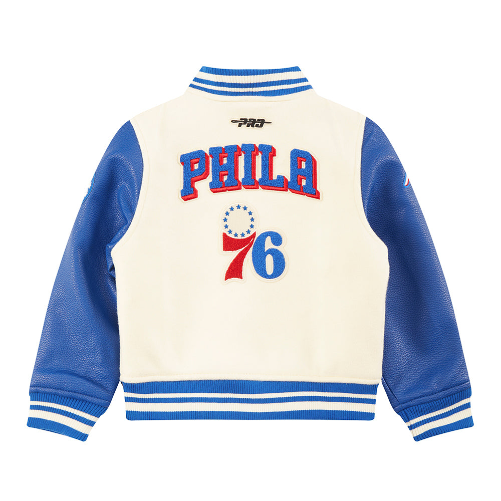 NBA PHILADELPHIA 76ERS RETRO CLASSIC TODDLER BOYS RIB WOOL VARSITY JACKET (EGGSHELL/ROYAL BLUE)