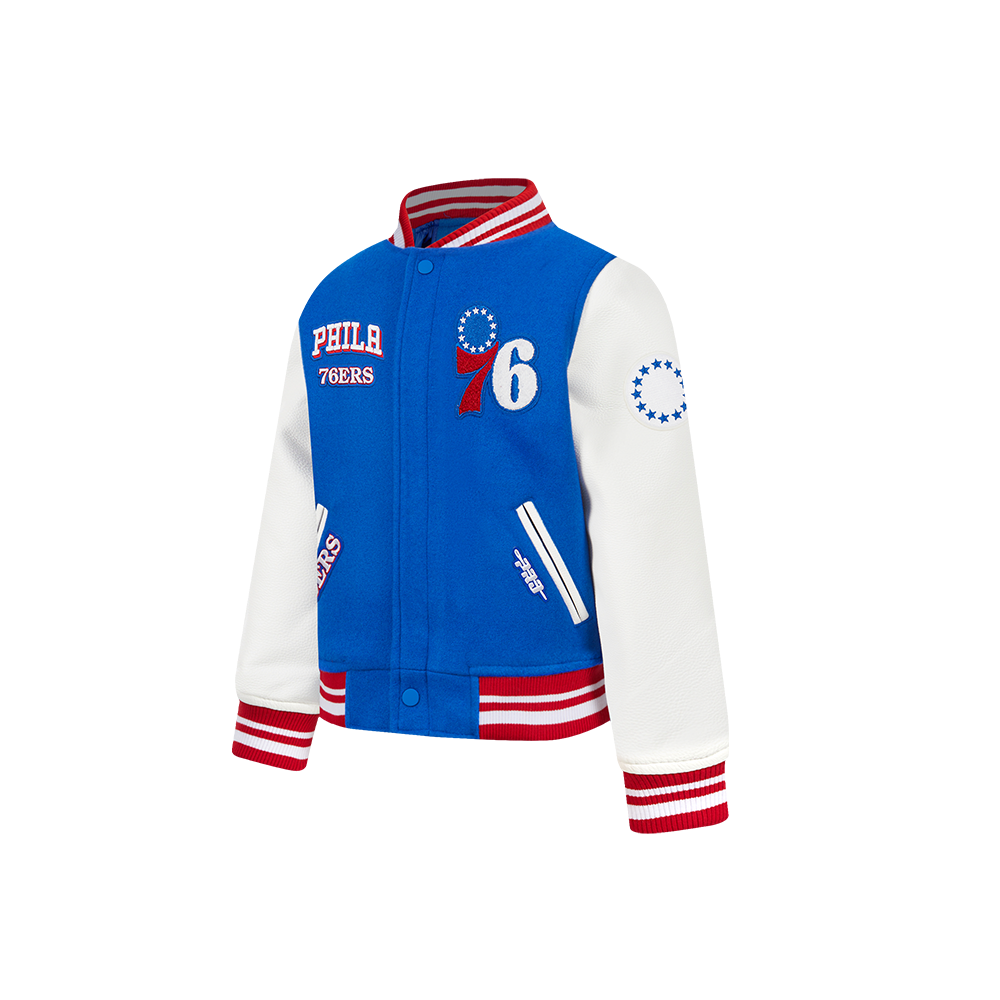 NBA PHILADELPHIA 76ERS RETRO CLASSIC TODDLER BOYS RIB WOOL VARSITY JACKET (ROYAL BLUE/RED)