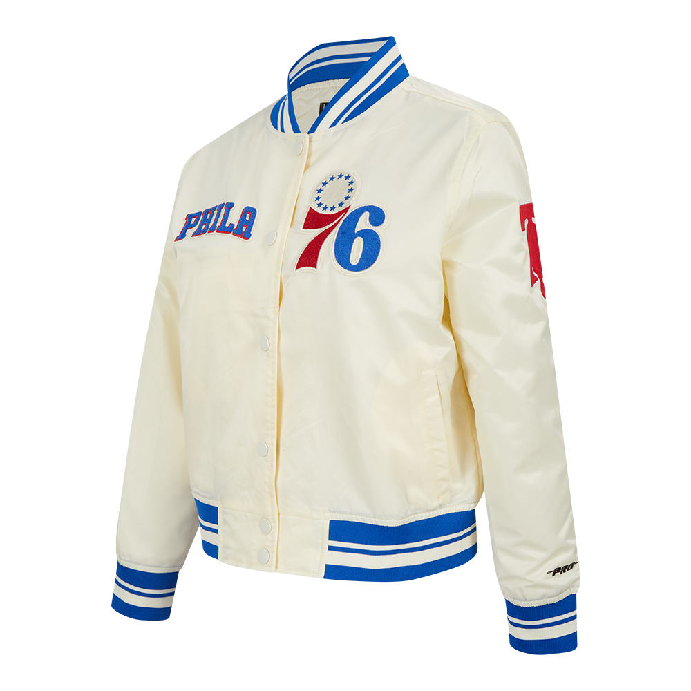 NBA PHILADELPHIA 76ERS RETRO CLASSIC WOMEN'S RIB SATIN JACKET (EGGSHELL/ROYAL BLUE)