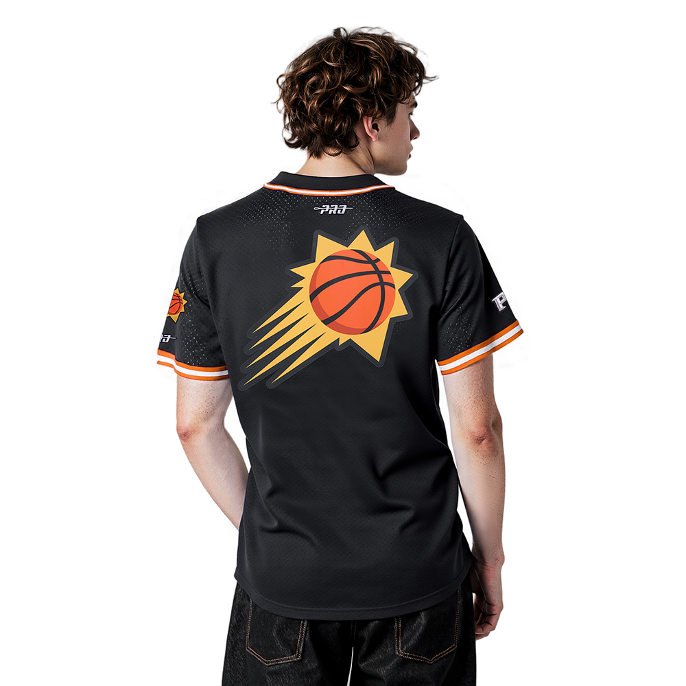 NBA PHOENIX SUNS DEVIN BOOKER #1 CLASSIC MESH PNN MEN'S MESH BUTTON DOWN SHIRT (BLACK/ORANGE)