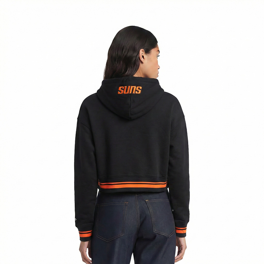 NBA PHOENIX SUNS SCRIPT TAIL WOMEN'S RIB FLEECE CROPPED PULLOVER HOODIE (BLACK/ORANGE)
