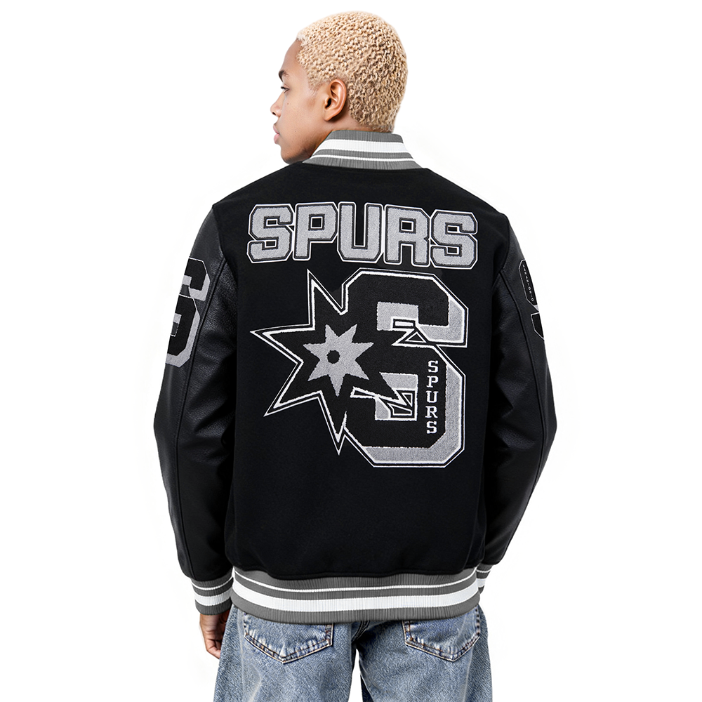 NBA SAN ANTONIO SPURS MASHUP MEN'S RIB WOOL VARSITY JACKET (BLACK/GRAY)