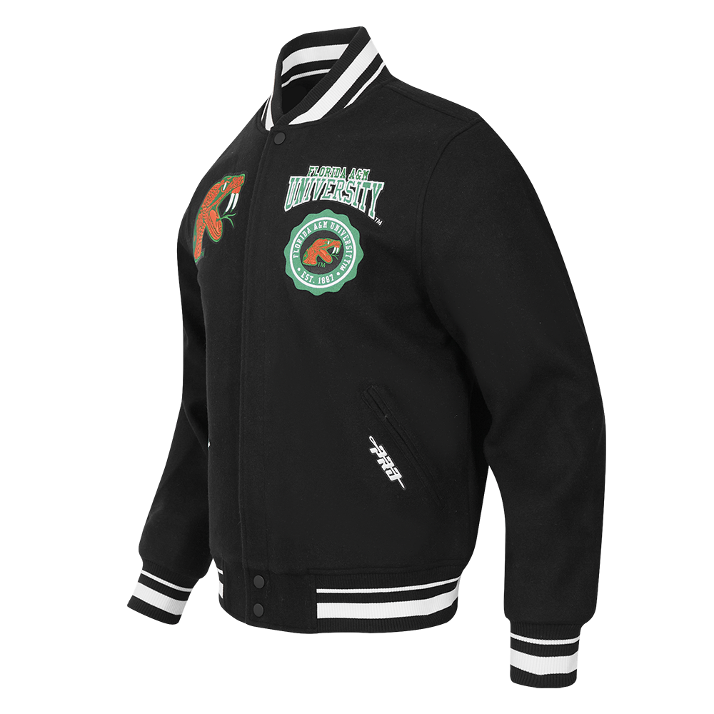 COLLEGE FLORIDA A&M UNIVERSITY CREST EMBLEM MEN'S RIB WOOL VARSITY JACKE (BLACK)