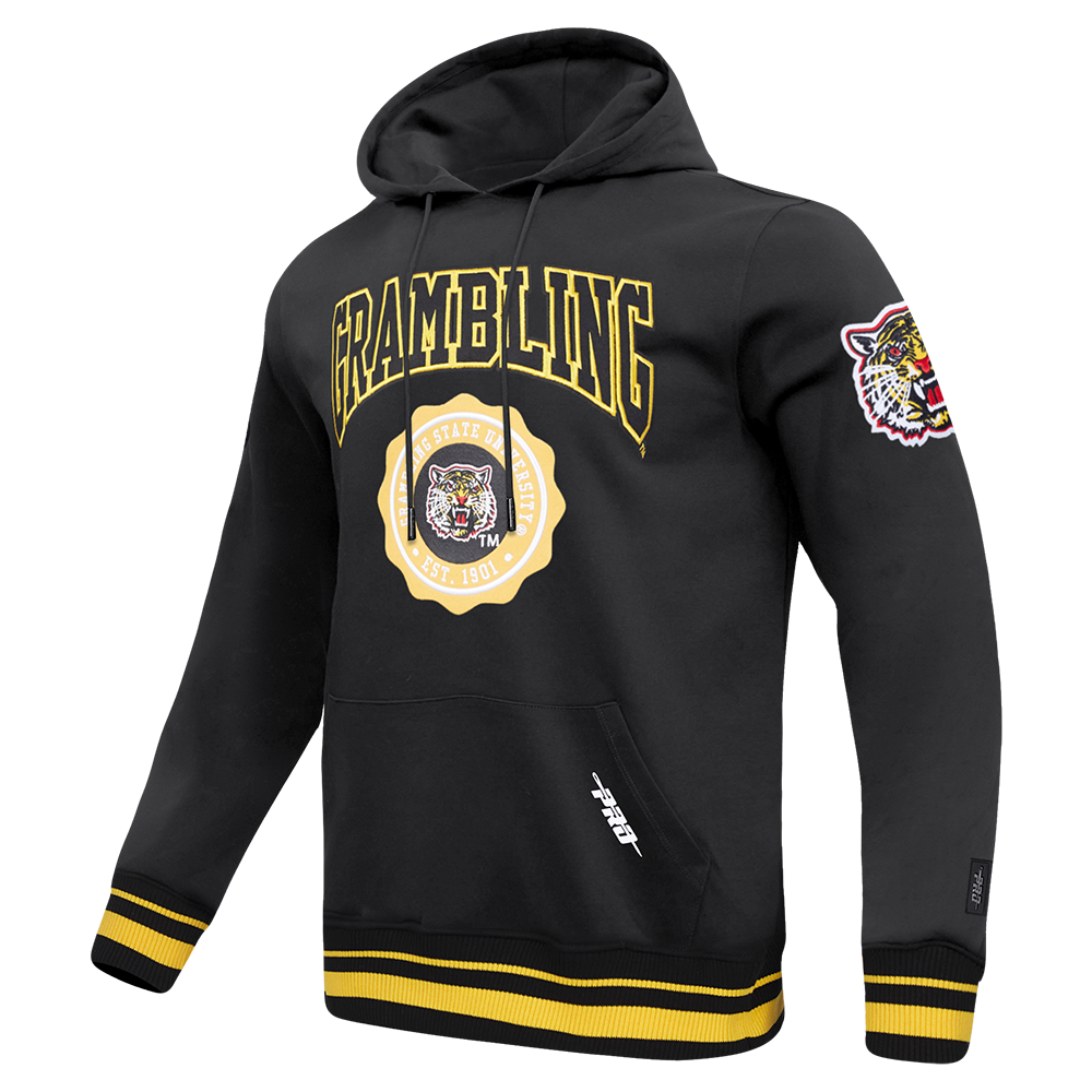 COLLEGE GRAMBLING STATE UNIVERSITY CREST EMBLEM MEN'S RIB FLC PO HOODIE (BLACK/YELLOW)