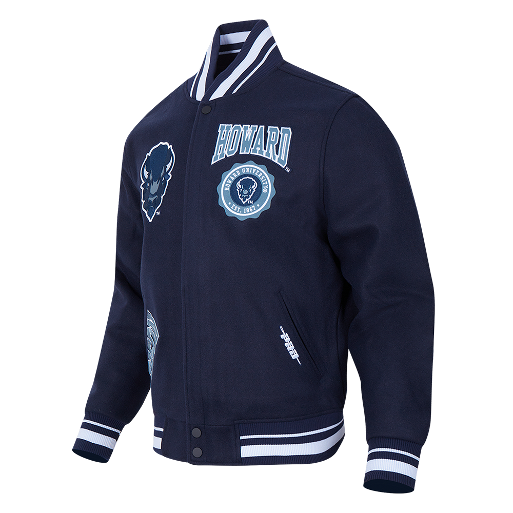 COLLEGE HOWARD UNIVERSITY CREST EMBLEM MEN'S RIB WOOL VARSITY JACKET (MIDNIGHT NAVY)
