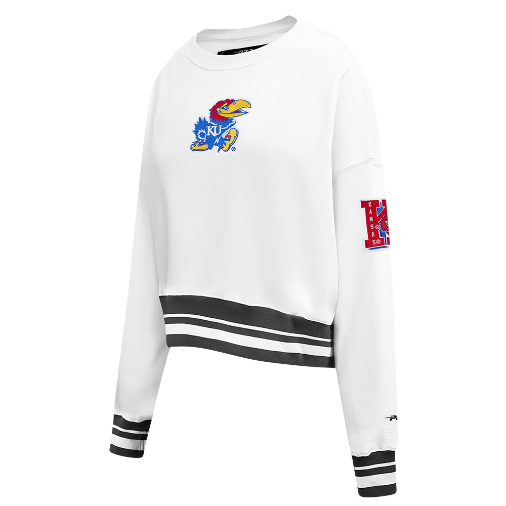 UNIVERSITY OF KANSAS CLASSIC WOMEN'S RIB FLEECE CREWNECK (WHITE/BLACK)