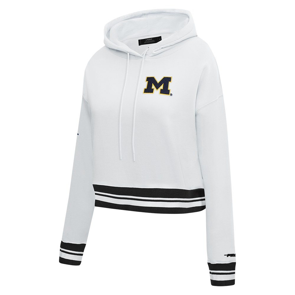 COLLEGE UNIVERSITY OF MICHIGAN CLASSIC WOMEN'S RIB FLC CROPPED PO HOODIE (WHITE/BLACK)