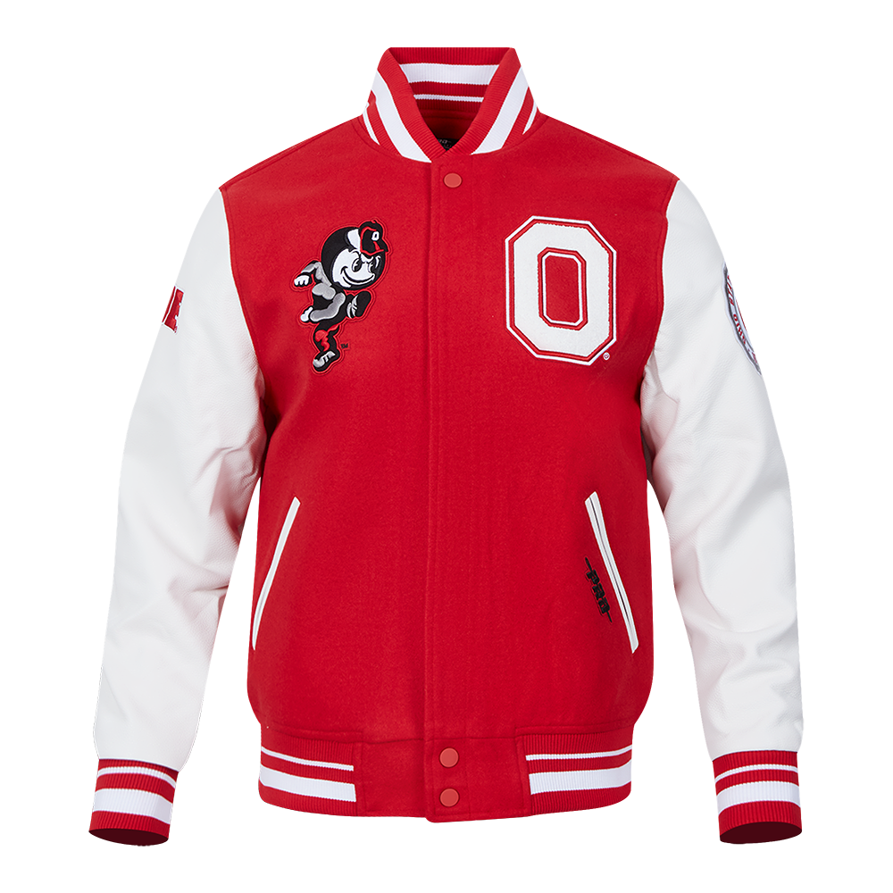OHIO STATE UNIVERSITY CLASSIC MEN S RIB WOOL VARSITY JACKET RED WHITE Pro Standard