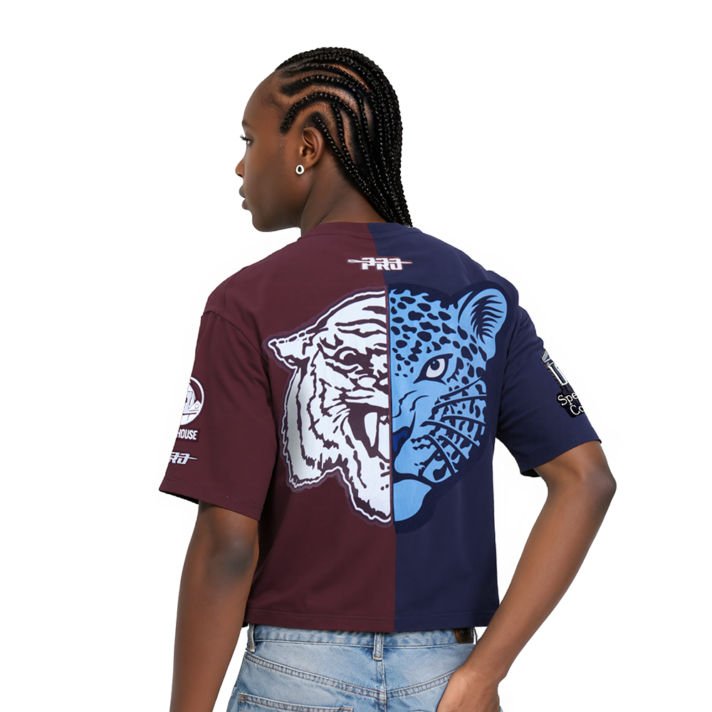 COLLEGE SPELHOUSE HOMECOMING WOMEN'S SPLIT BOXY TEE (MIDNIGHT NAVY/ WINE)