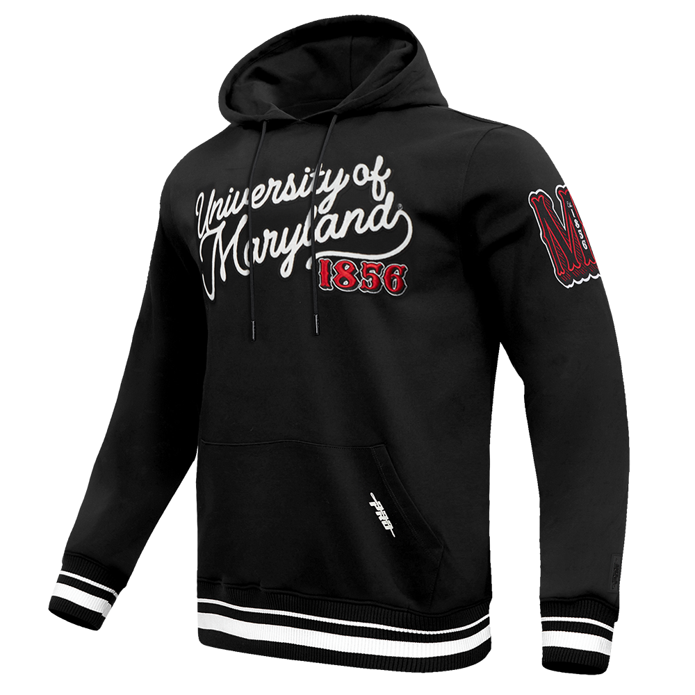 COLLEGE UNIVERSITY OF MARYLAND VINTAGE VARSITY MEN'S FLC RIB PO HOODIE (BLACK)