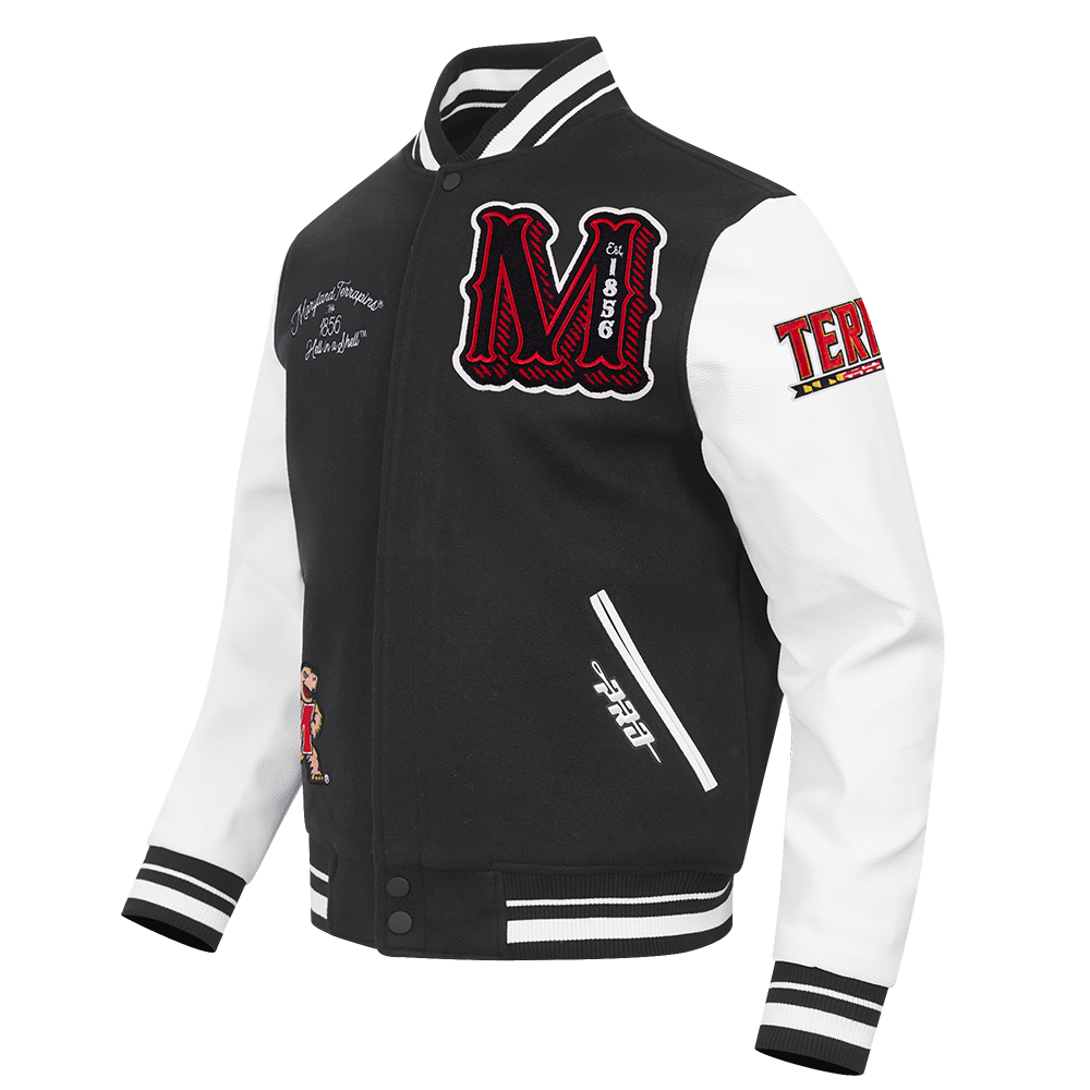 COLLEGE UNIVERSITY OF MARYLAND VINTAGE VARSITY MEN'S RIB WOOL VARSITY JACKET (BLACK/WHITE)