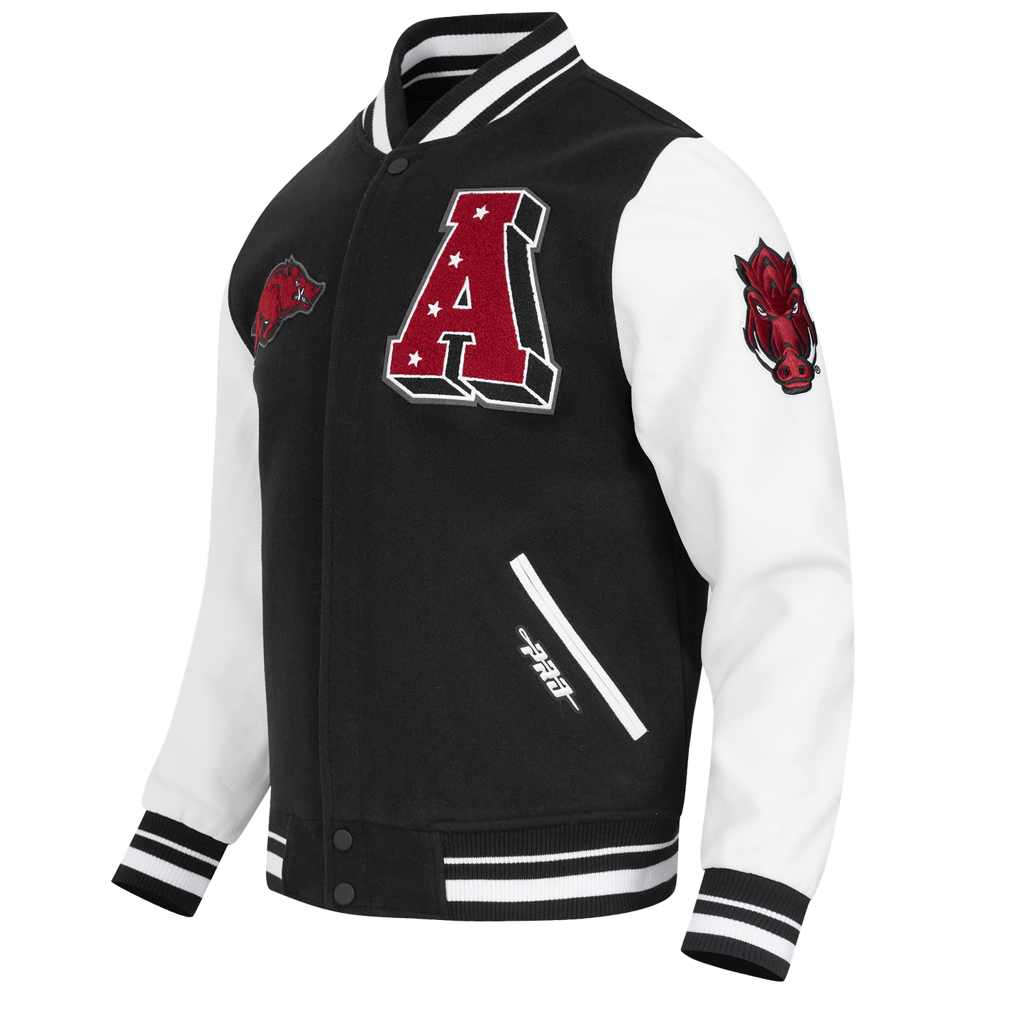 UNIVERSITY OF ARKANSAS CLASSIC MEN'S RIB WOOL VARSITY JACKET (BLACK/WHITE)