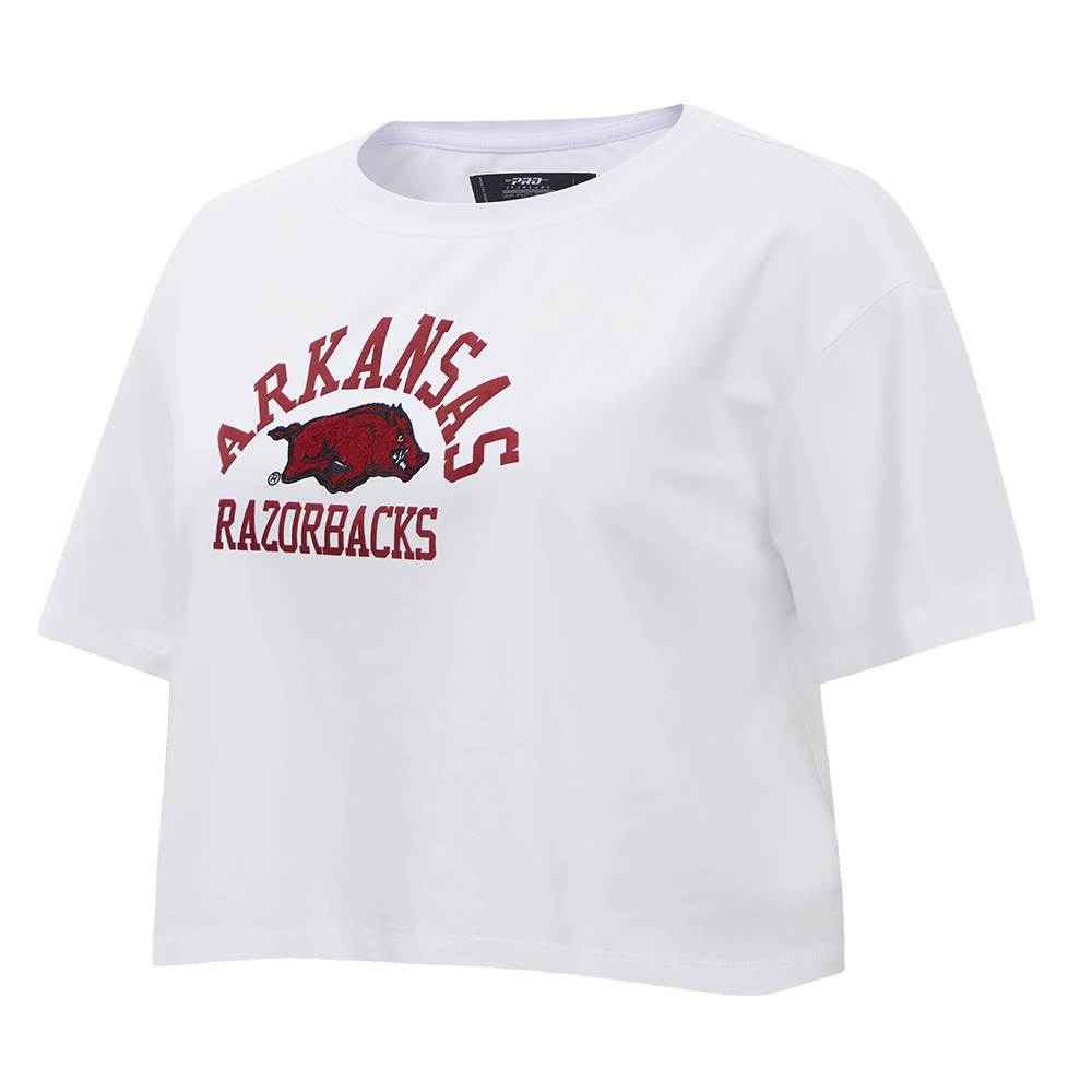 UNIVERSITY OF ARKANSAS FAYETTEVILLE CLASSIC WOMEN'S SINGLE JERSEY BOXY TEE (WHITE)