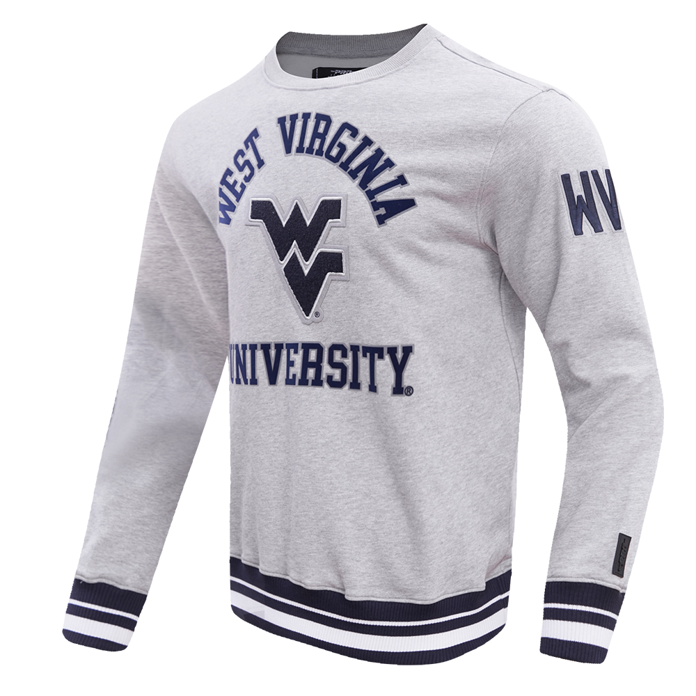 COLLEGE WEST VIRGINIA UNIVERSITY CLASSIC STACKED LOGO FLEECE CREWNECK (HEATHER GREY/MIDNIGHT NAVY)