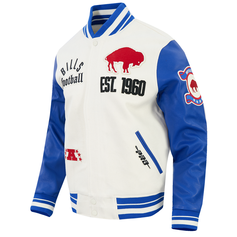 NFL BUFFALO BILLS MODERN ORIGINALS MEN'S RIB WOOL VARSITY JACKET (EGGSHELL/ROYAL BLUE)