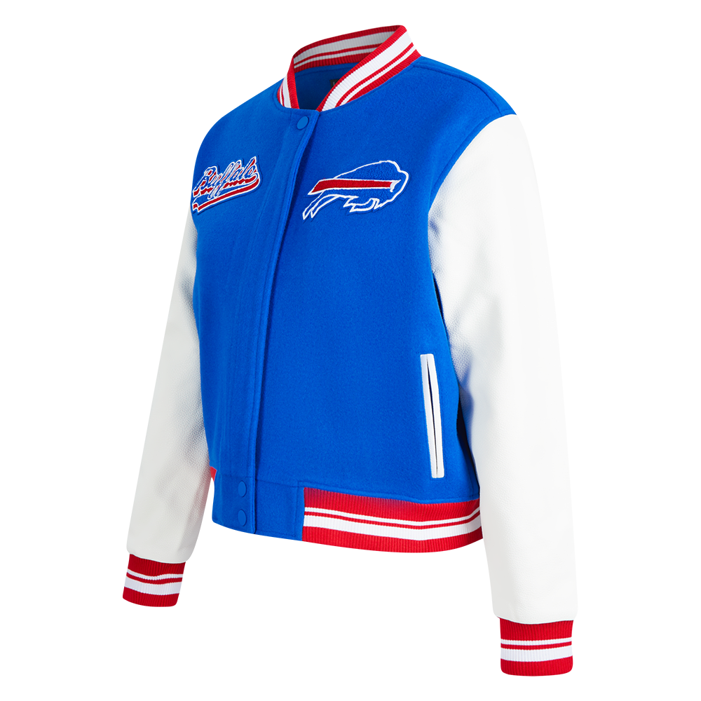 NFL BUFFALO BILLS SCRIPT TAIL WOMEN'S RIB WOOL VARSITY JACKET (ROYAL BLUE/RED)