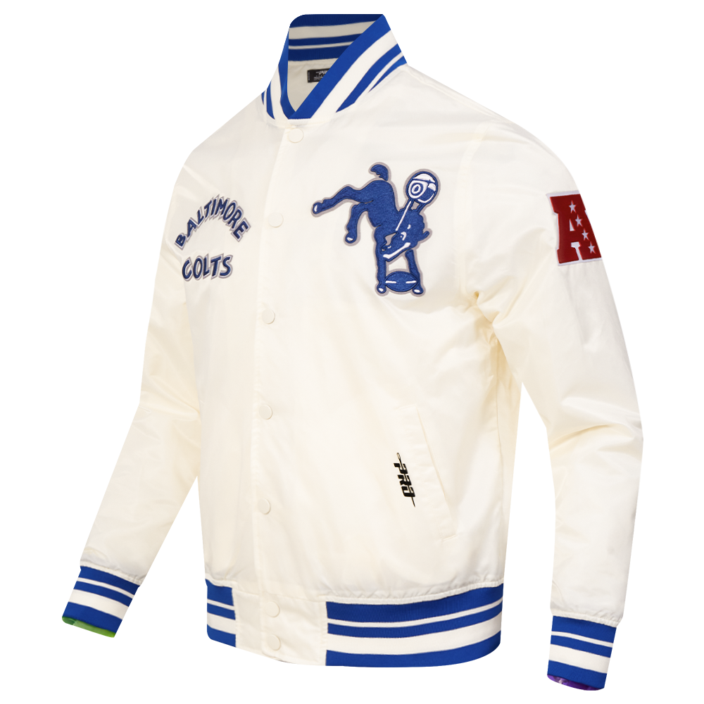 NFL BALTIMORE COLTS RETRO CLASSIC MEN'S RIB SATIN JACKET (EGGSHELL/ ROYAL BLUE)