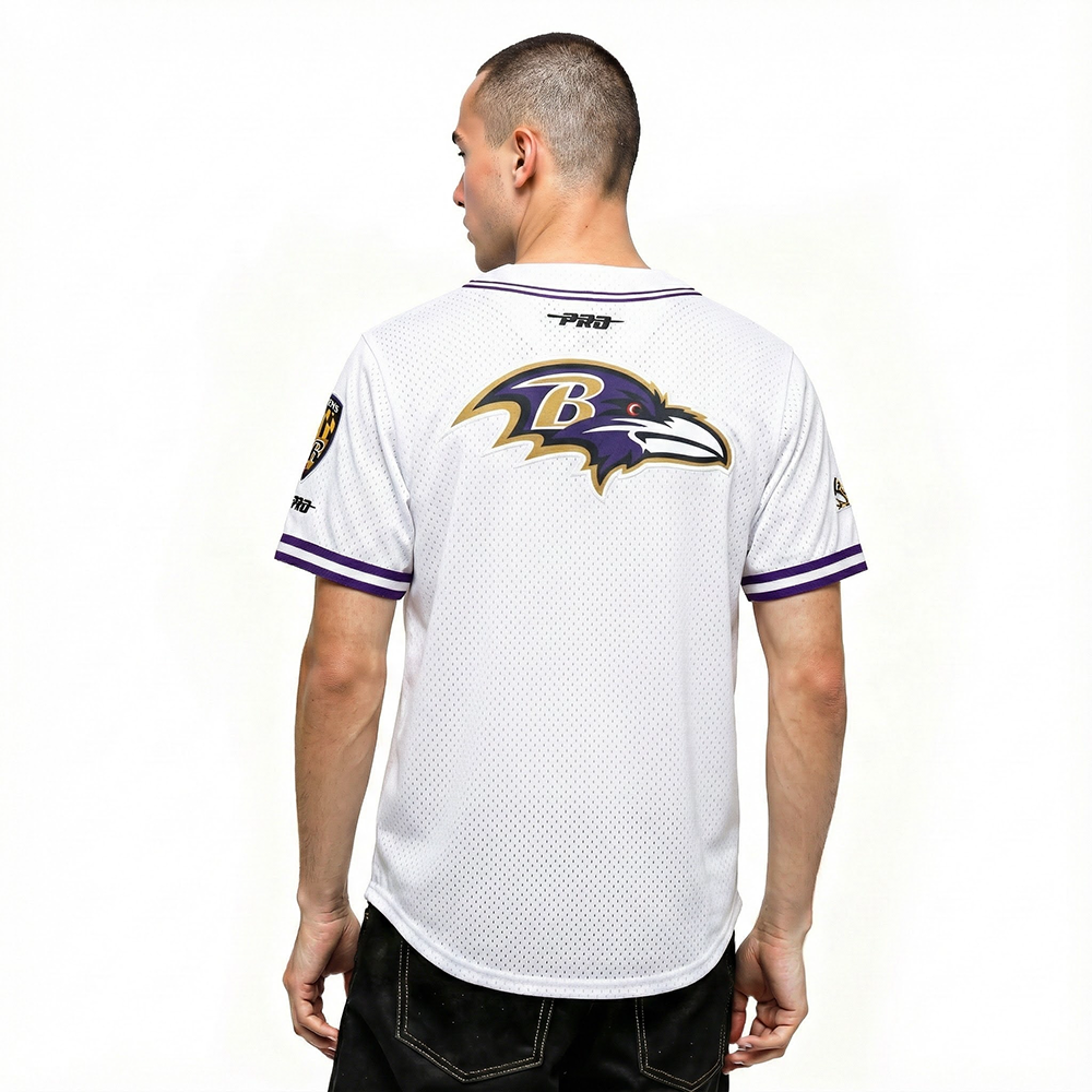 NFL BALTIMORE RAVENS LAMAR JACKSON #8 CLASSIC MESH PNN MEN'S MESH BUTTON DOWN SHIRT (WHITE/PURPLE)
